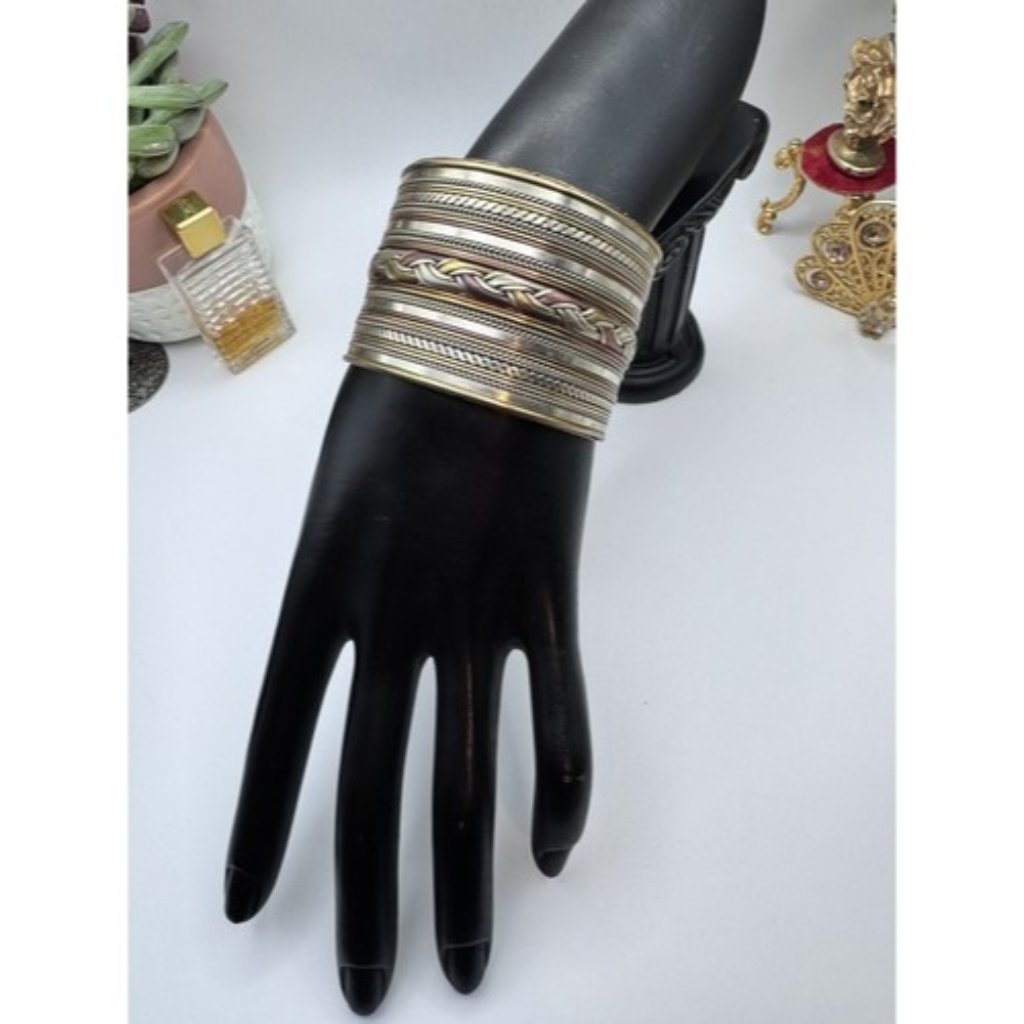 Vintage Brass Copper Bracelet Mixed Metals Ornate Boho Wide Cuff Wire Pattern